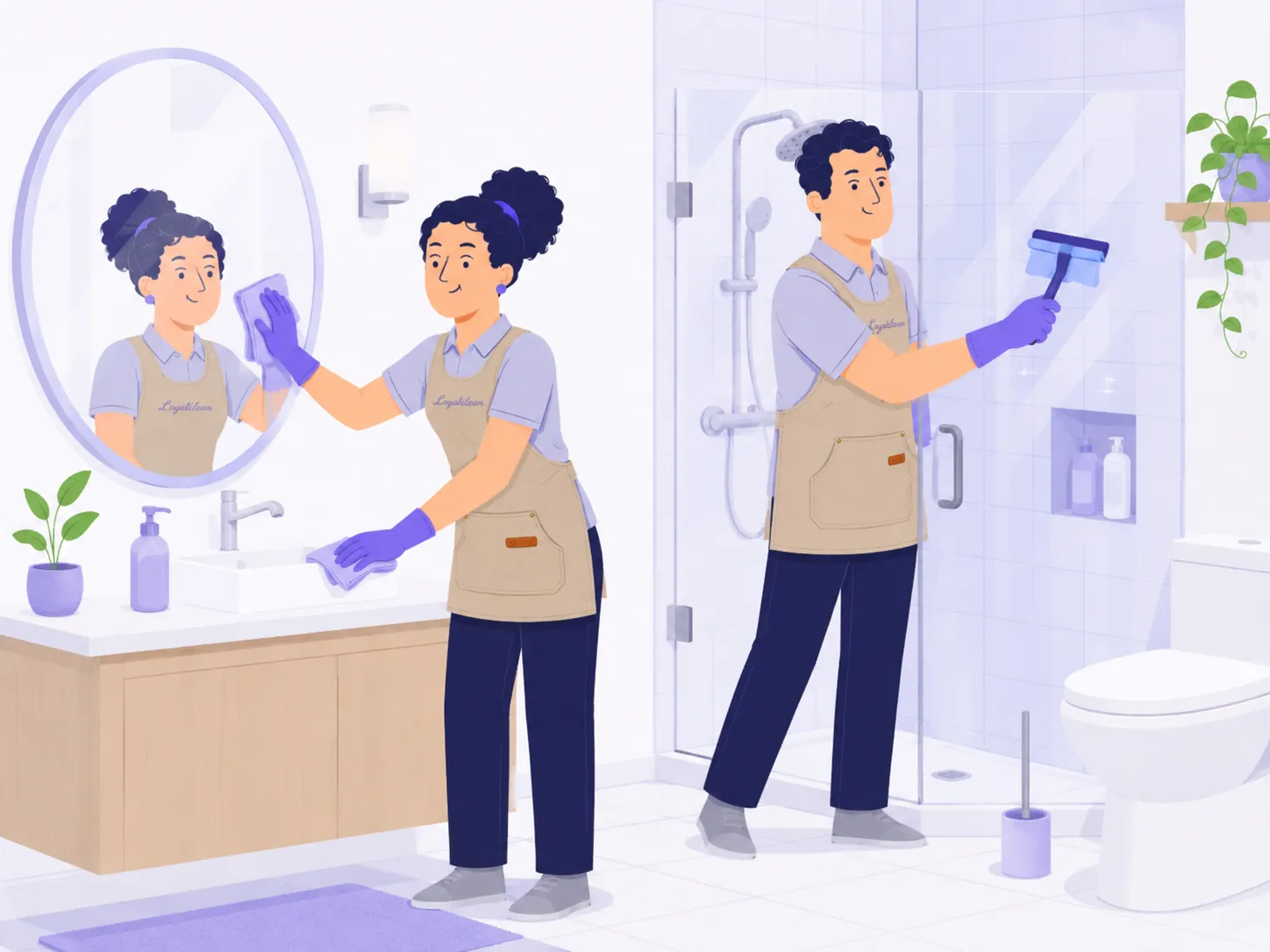 Twee schoonmakers van Loyal Clean reinigen een badkamer — één poetst de spiegel, de ander trekt de douchewand streeploos.
