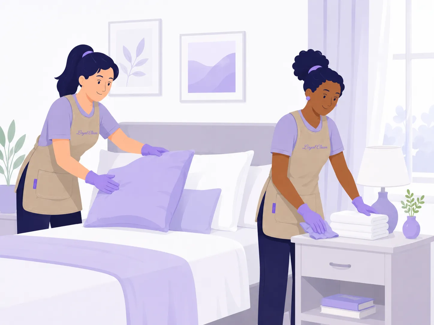 Twee schoonmakers van Loyal Clean maken samen een slaapkamer schoon in een lavendelkleurige kamer.