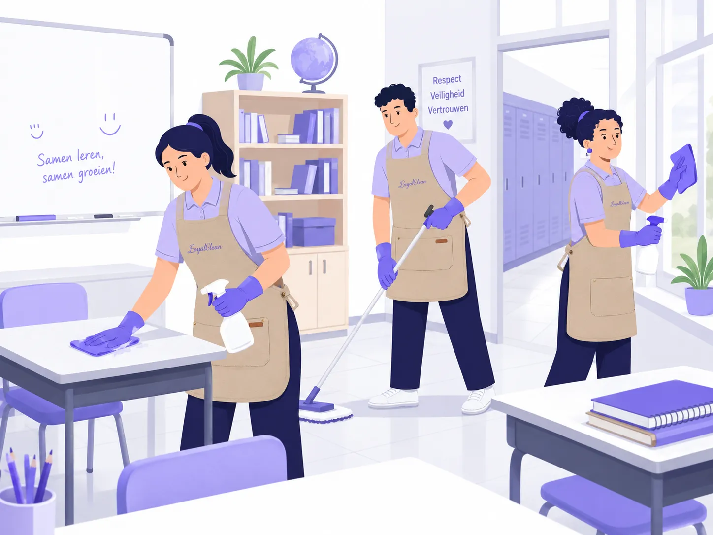 Drie schoonmakers van Loyal Clean maken een klaslokaal schoon — bankjes afnemen, de vloer dweilen en de kastjes afstoffen.