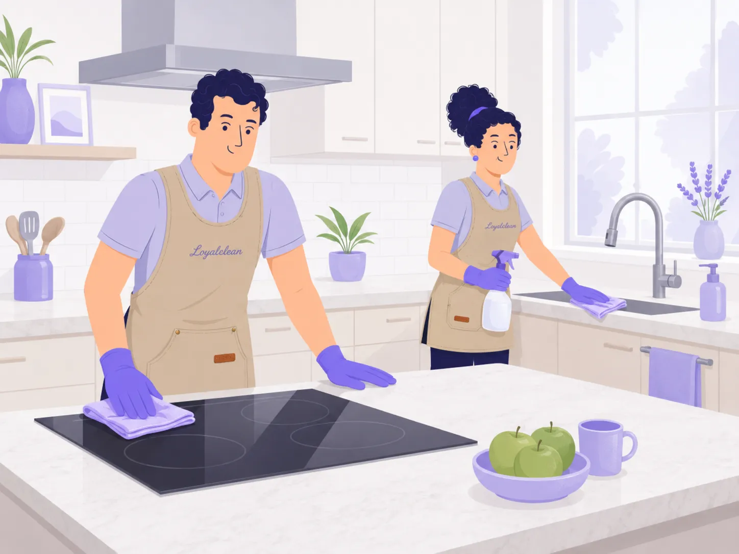Twee schoonmakers van Loyal Clean reinigen een keuken — één neemt de inductiekookplaat af, de ander werkt bij de spoelbak.