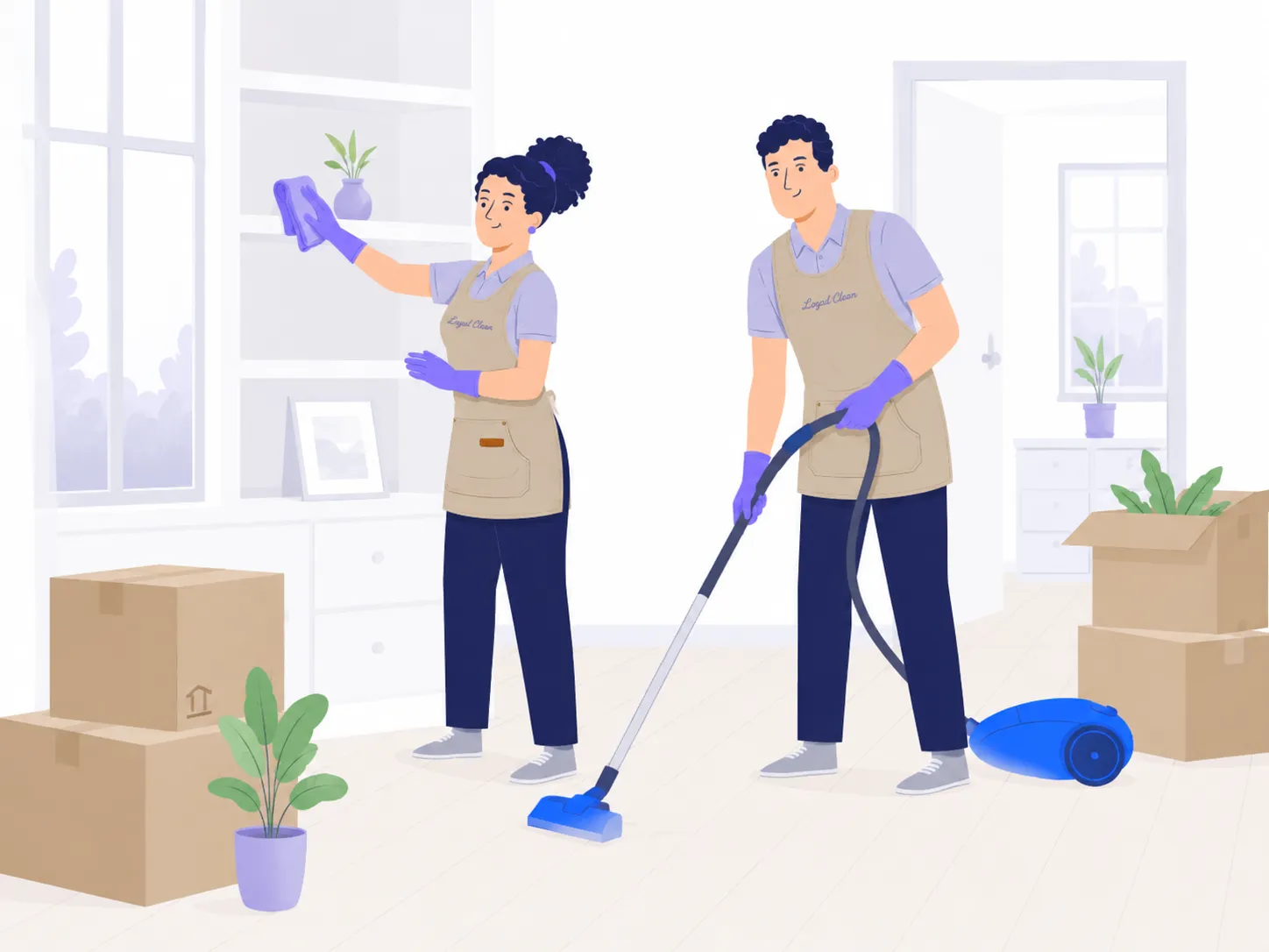Twee schoonmakers van Loyal Clean maken een woning schoon tussen de verhuisdozen — één stoft een kast af, de ander stofzuigt de vloer.