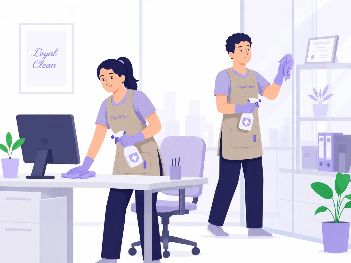 Een schoonmaker van Loyal Clean reinigt een bureau, terwijl een collega de glaswand schoonmaakt.