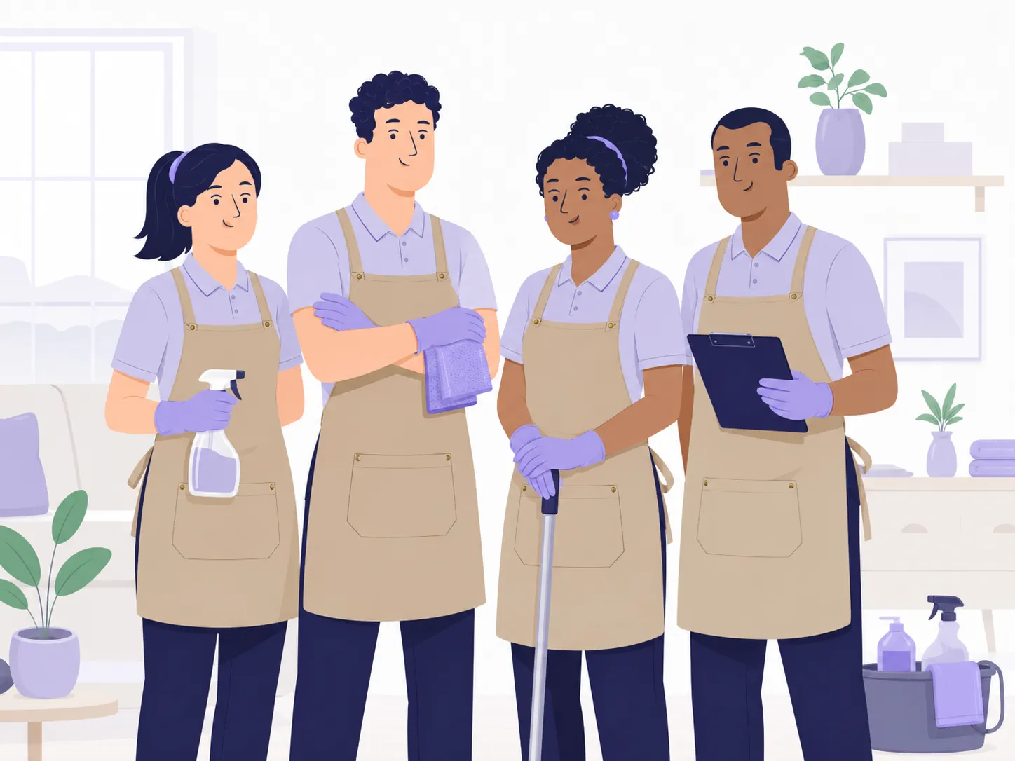 Het team van Loyal Clean — vier schoonmakers van diverse afkomst in beige schort over een lavendelkleurig shirt, met schoonmaakmiddelen, een mop en een klembord in de hand.