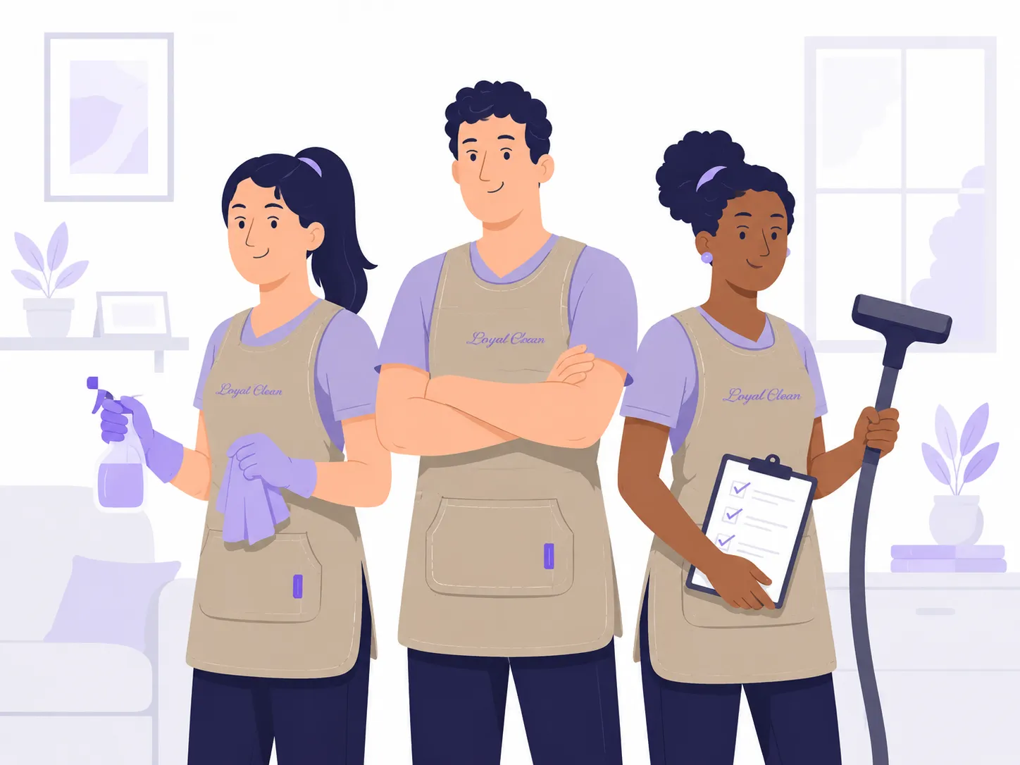 Het team van Loyal Clean — drie schoonmakers in beige schort over een lavendelkleurig shirt met het Loyal Clean-logo.