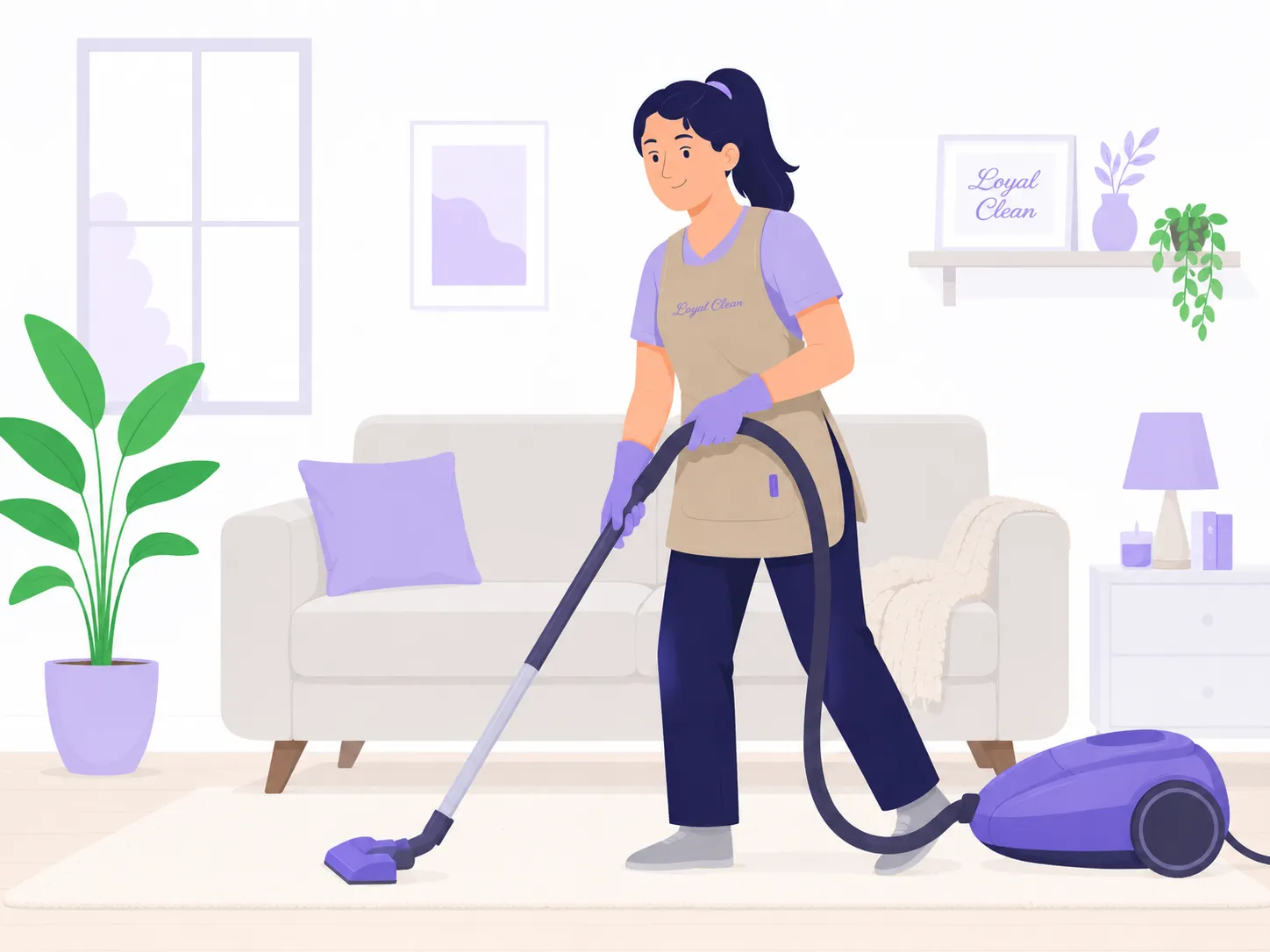 Een schoonmaker van Loyal Clean stofzuigt een woonkamer.