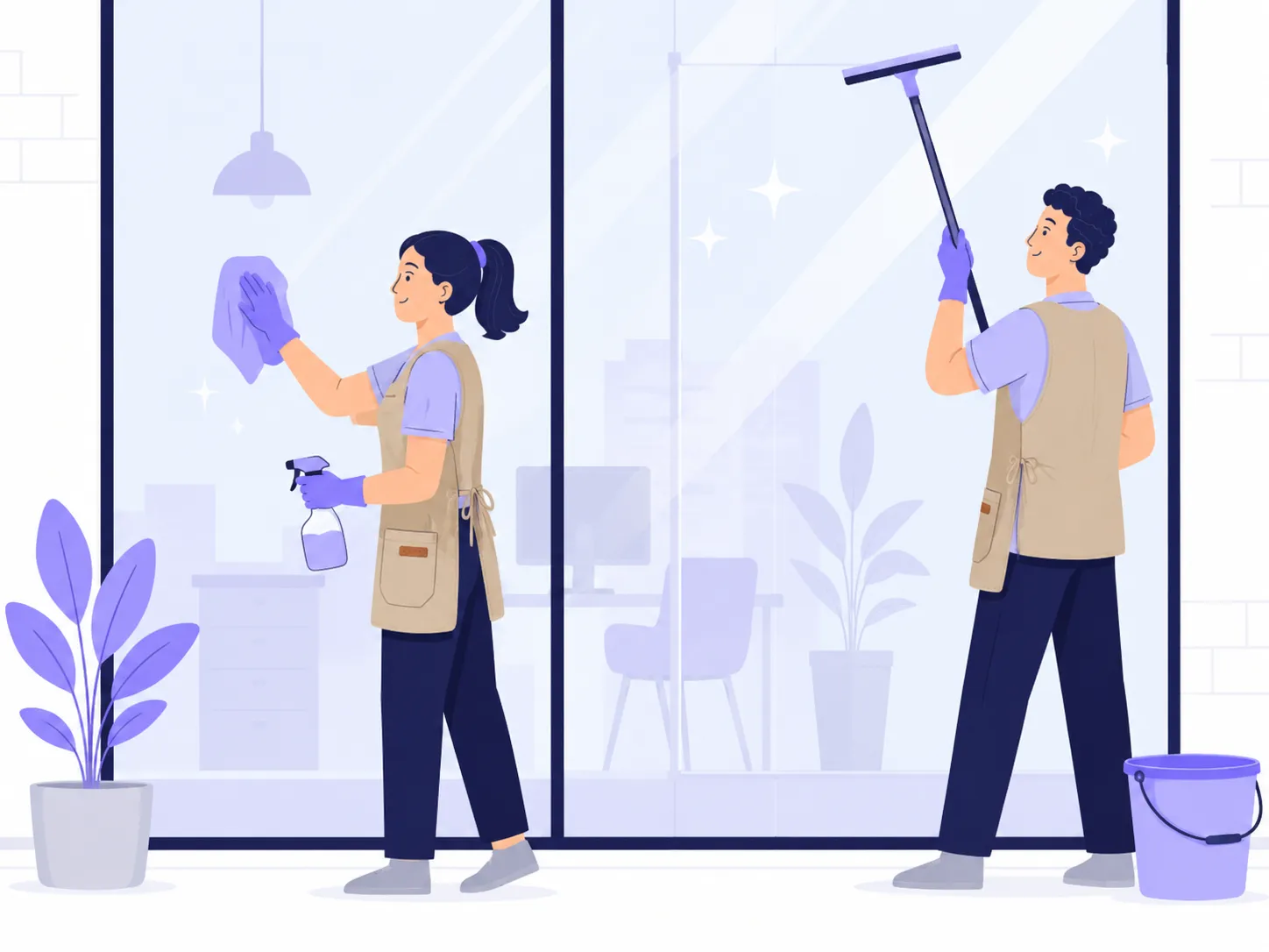 Twee schoonmakers van Loyal Clean wassen grote glaspartijen — één neemt het glas af met een doek en plantenspuit, de ander werkt met een wisser op een steel.